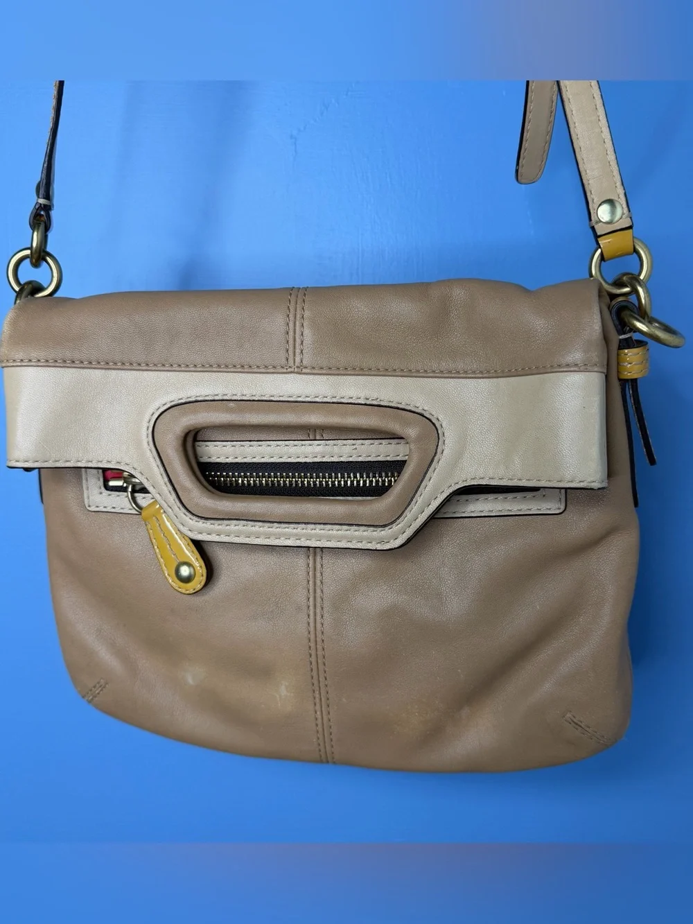 Coach Bonnie Leather Foldover Bag 13388 - Tan Crossbody Purse - Y2K Shoulder Bag